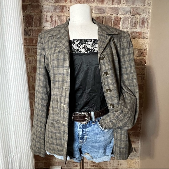 Vintage Plaid Blue & Brown Button Down Blazer -Size 12 -BC01 - Picture 2 of 9